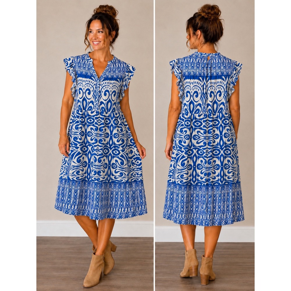 Umgee USA Blue‎ White Ikat Damask Ruffle Sleeve Midi Babydoll Dress Large B8620